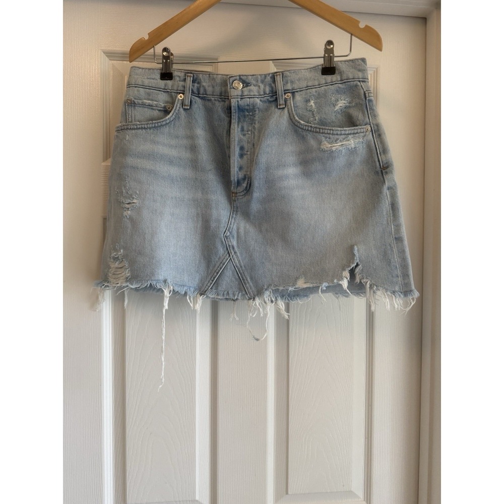 AGOLDE Denim Mini Skirt Women 32 Light Blue Distressed Raw Hem High Rise Button